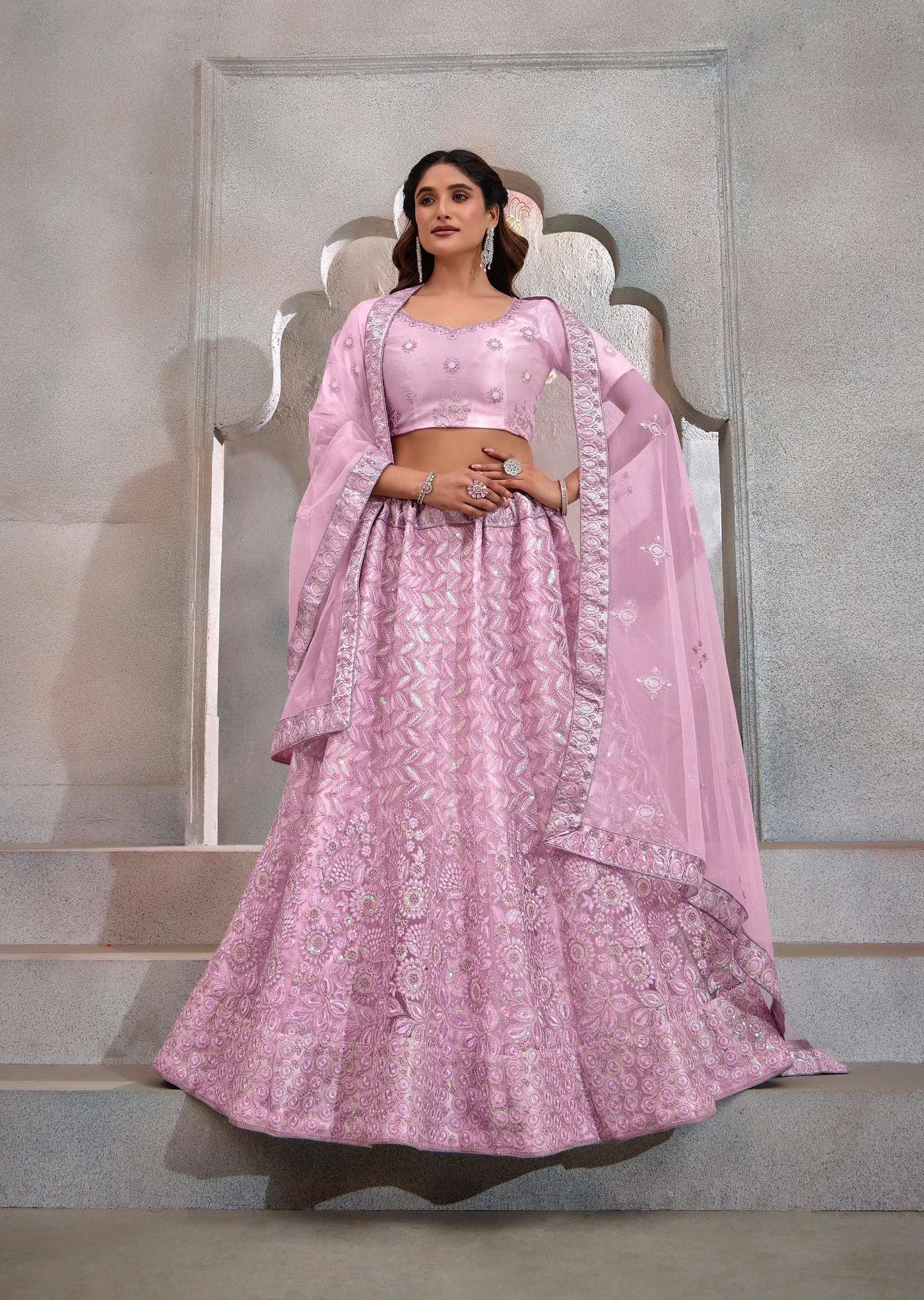 DESIGNER FANCY WEDDING PARTY WEAR INDIAN HEAVY PINK NET LEHENGA CHOLI WITH DUPATTA TT EEVA 1002 A