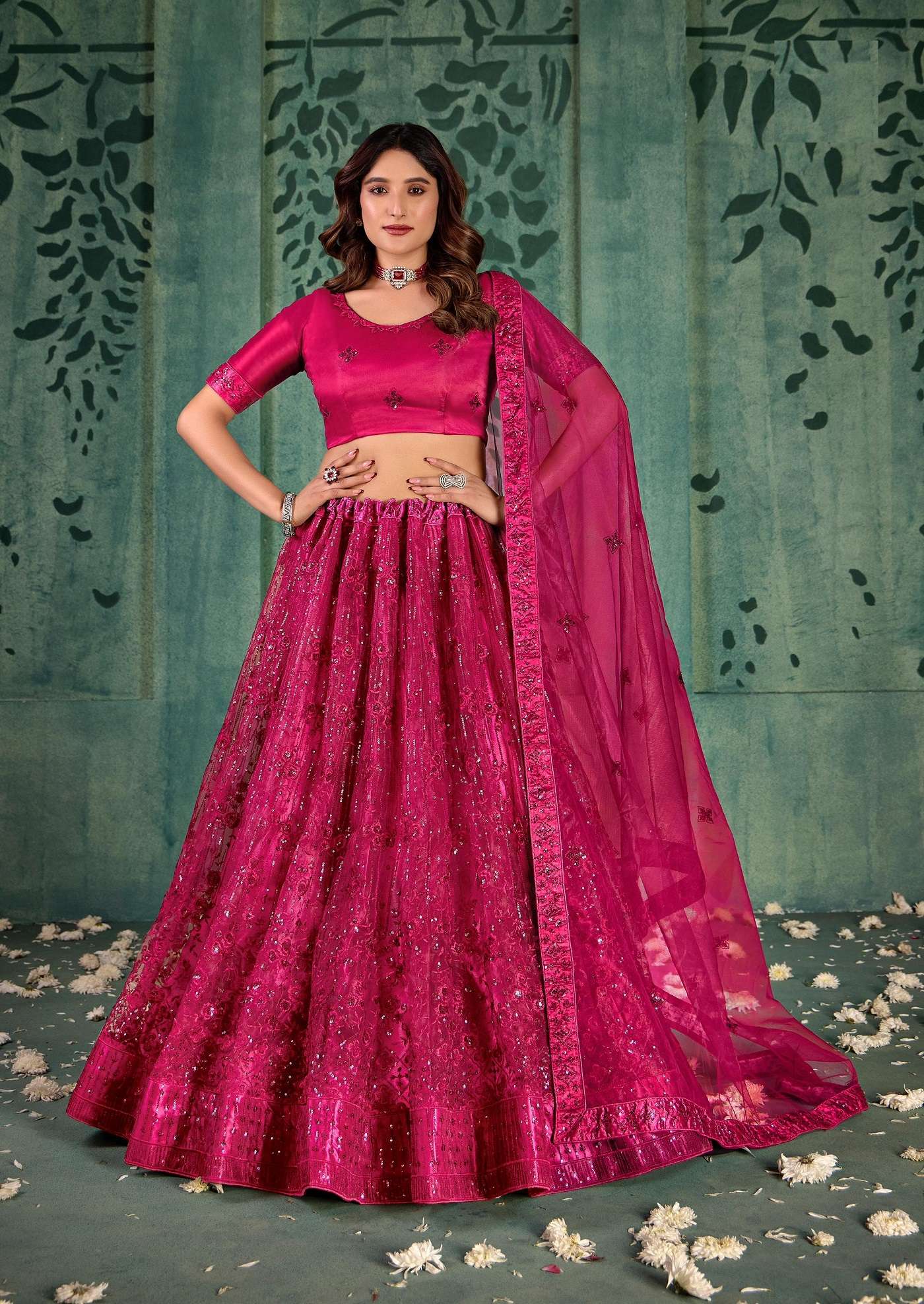 DESIGNER FANCY WEDDING PARTY WEAR INDIAN HEAVY PINK NET LEHENGA CHOLI WITH DUPATTA TT ELEGANCE 1005 A