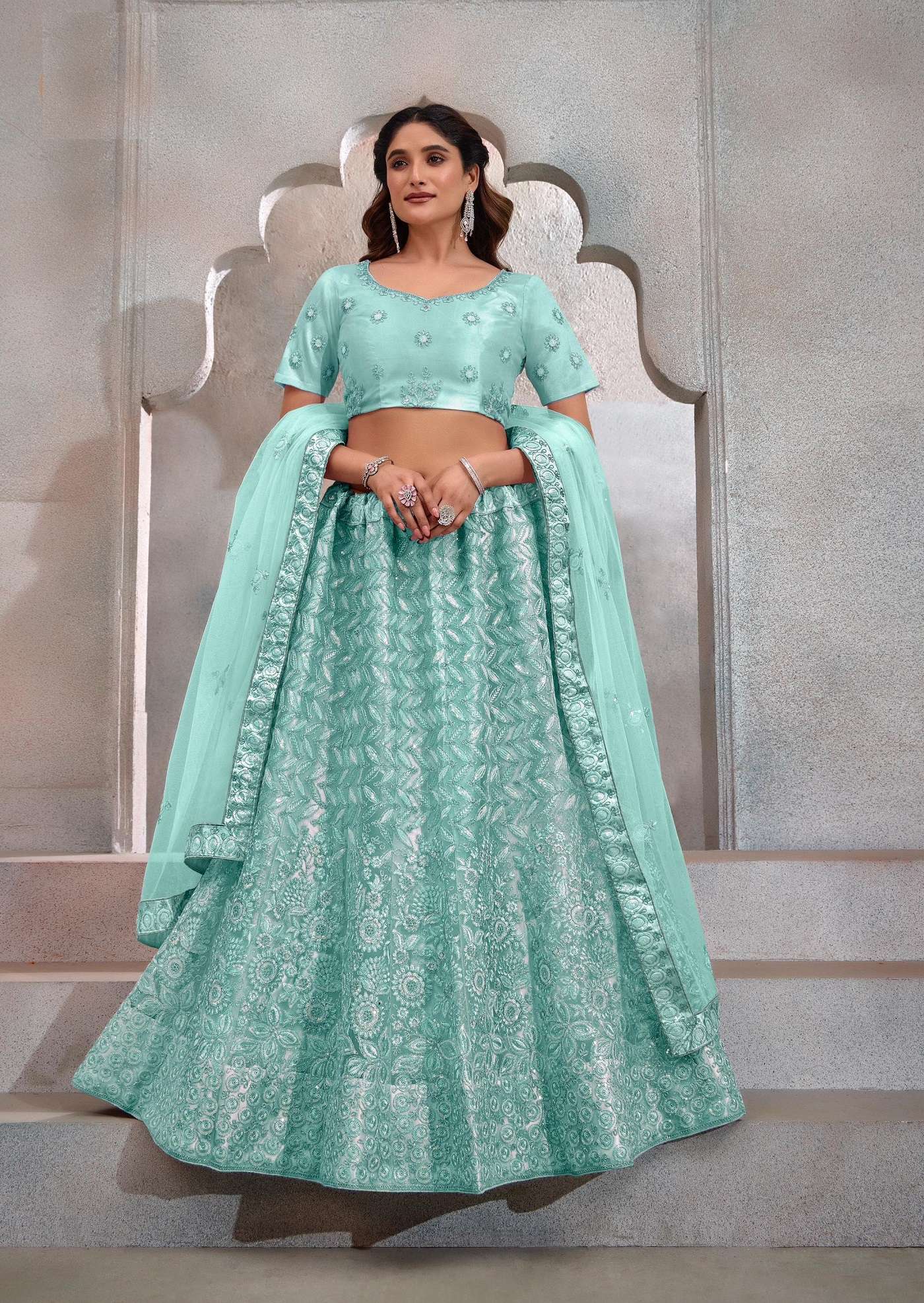 DESIGNER FANCY WEDDING PARTY WEAR INDIAN HEAVY SKY BLUE NET LEHENGA CHOLI WITH DUPATTA TT EEVA 1002 C