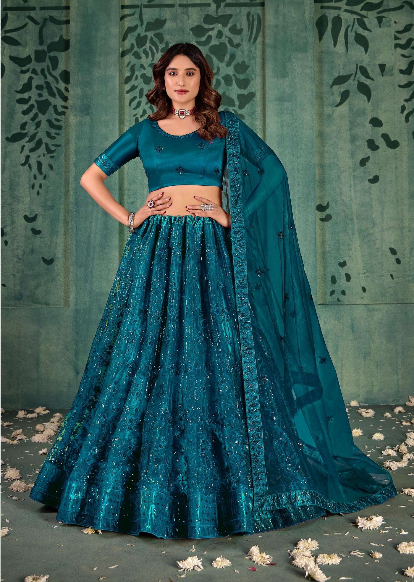 DESIGNER FANCY WEDDING PARTY WEAR INDIAN HEAVY TEAL BLUE NET LEHENGA CHOLI WITH DUPATTA TT ELEGANCE 1005 E