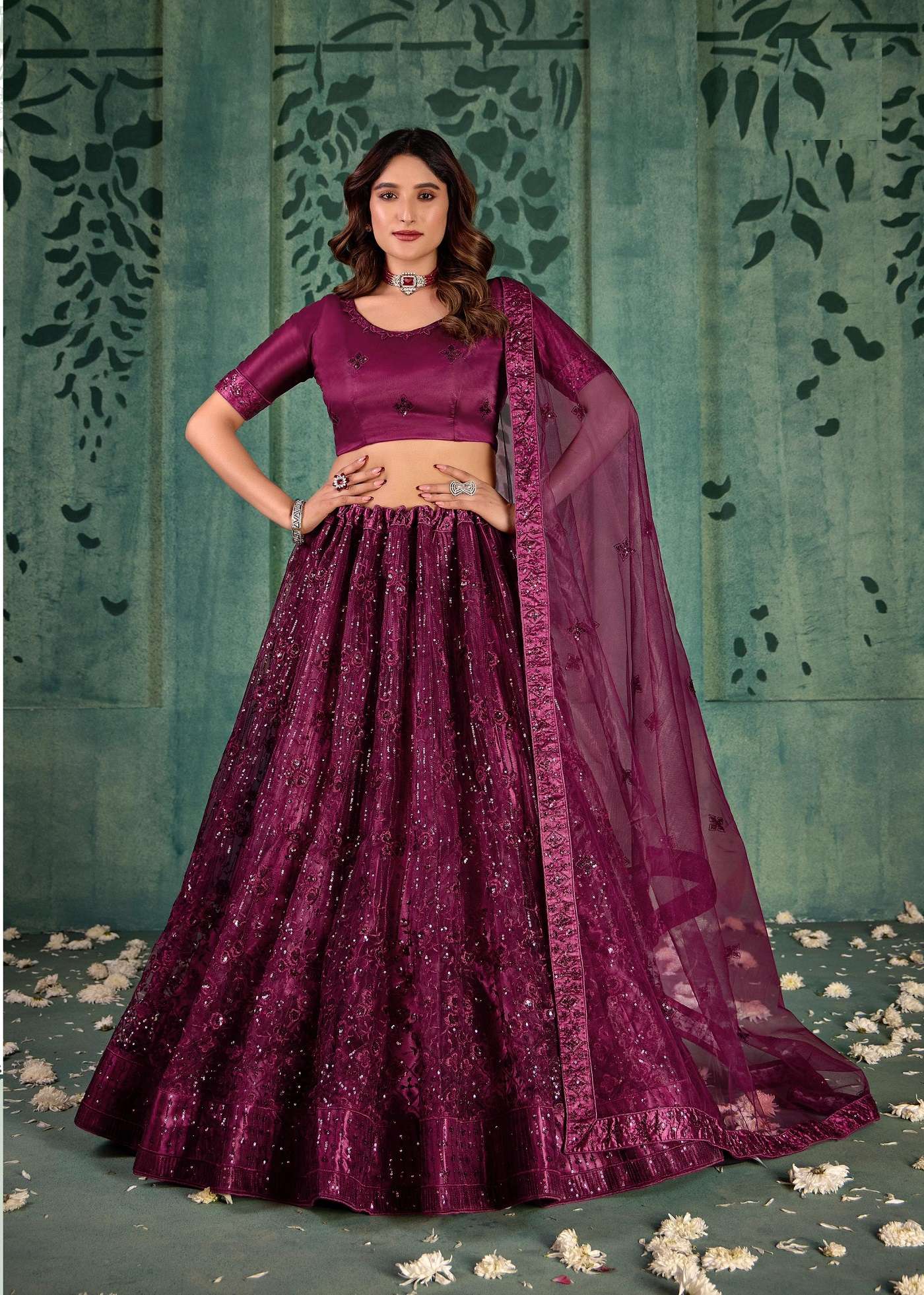 DESIGNER FANCY WEDDING PARTY WEAR INDIAN HEAVY WINE NET LEHENGA CHOLI WITH DUPATTA TT ELEGANCE 1005 D