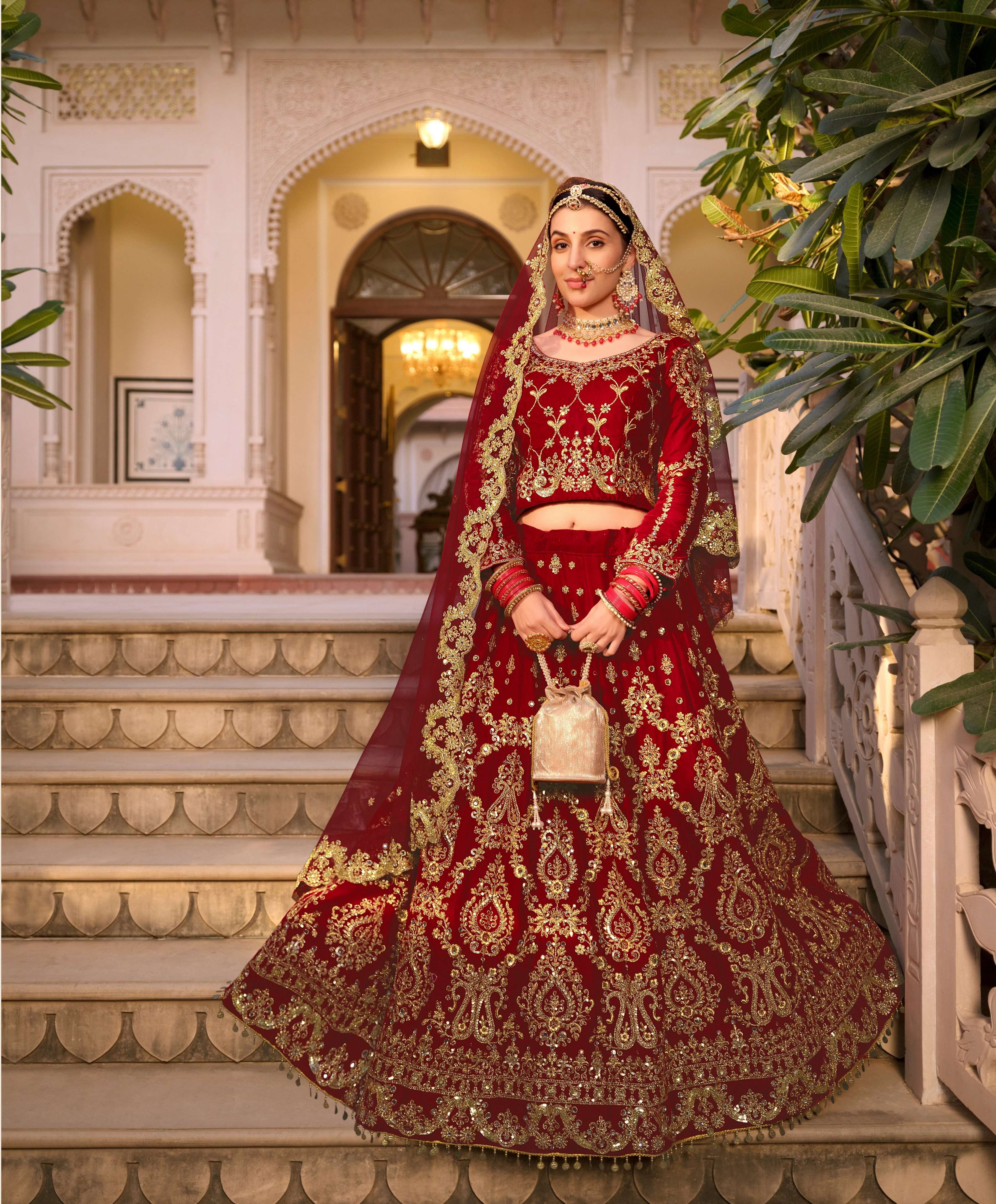 DESIGNER FANCY WEDDING PARTY WEAR INDIAN MAROON VELVET BRIDAL LEHENGA CHOLI WITH DUPATTA SENHORA RIWAYAT 3074 A