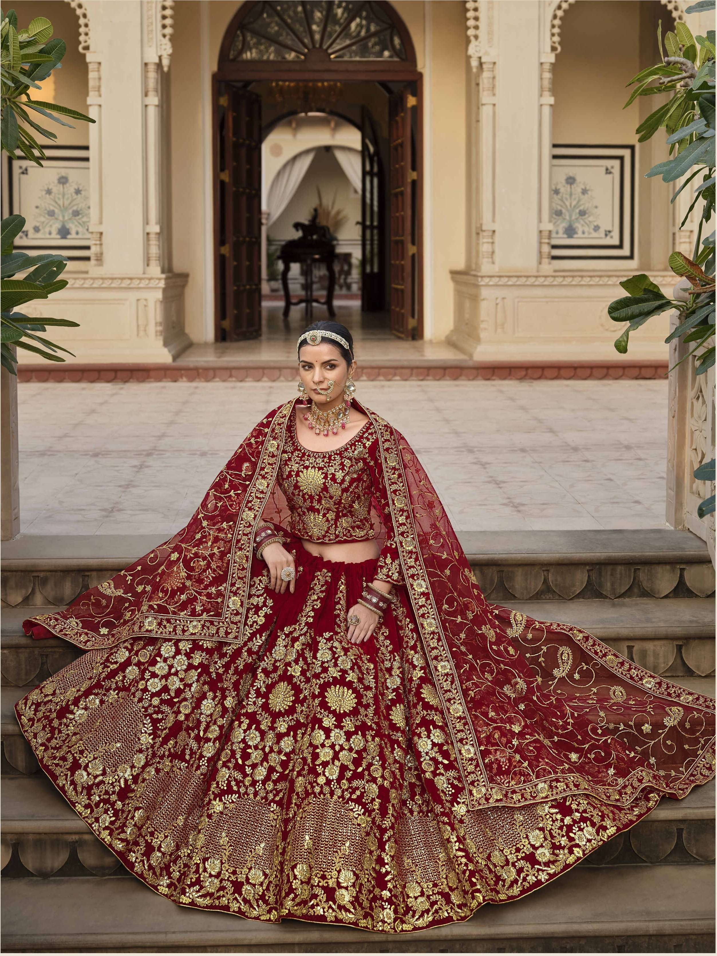 DESIGNER FANCY WEDDING PARTY WEAR INDIAN MAROON VELVET BRIDAL LEHENGA CHOLI WITH DUPATTA SENHORA RIWAYAT 3076