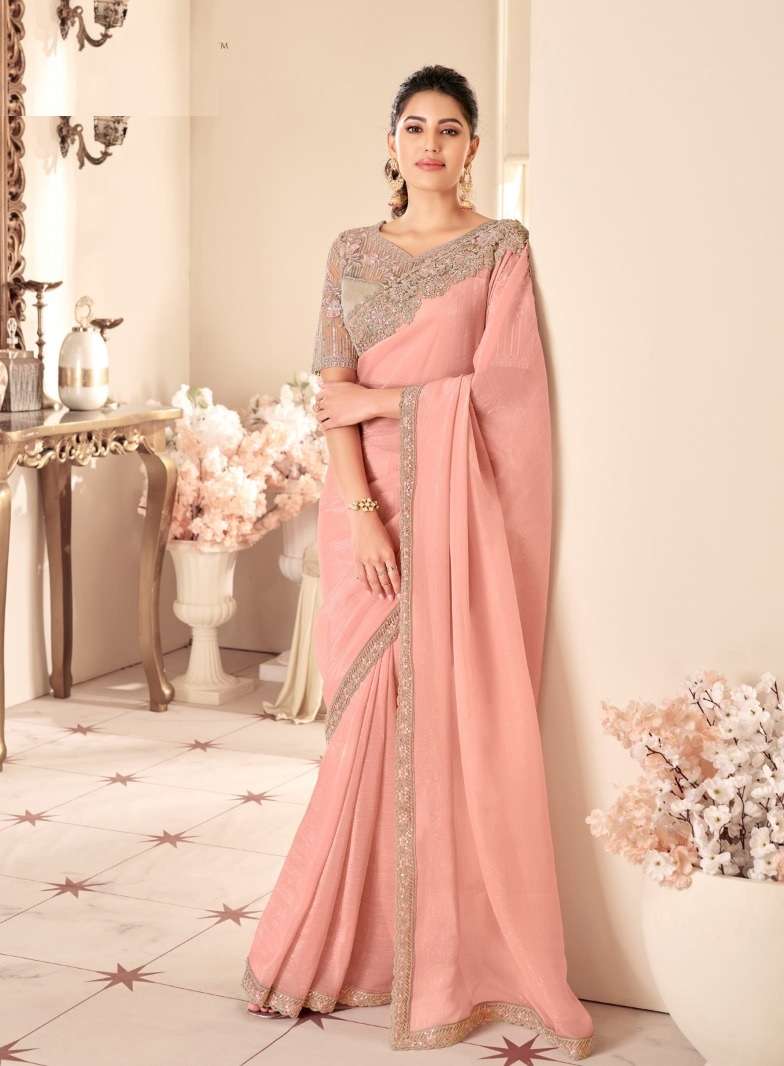 DESIGNER FANCY WEDDING PARTY WEAR INDIAN PEACH GEORGETTE SAREE COLLECTION SM ANMOL 14007