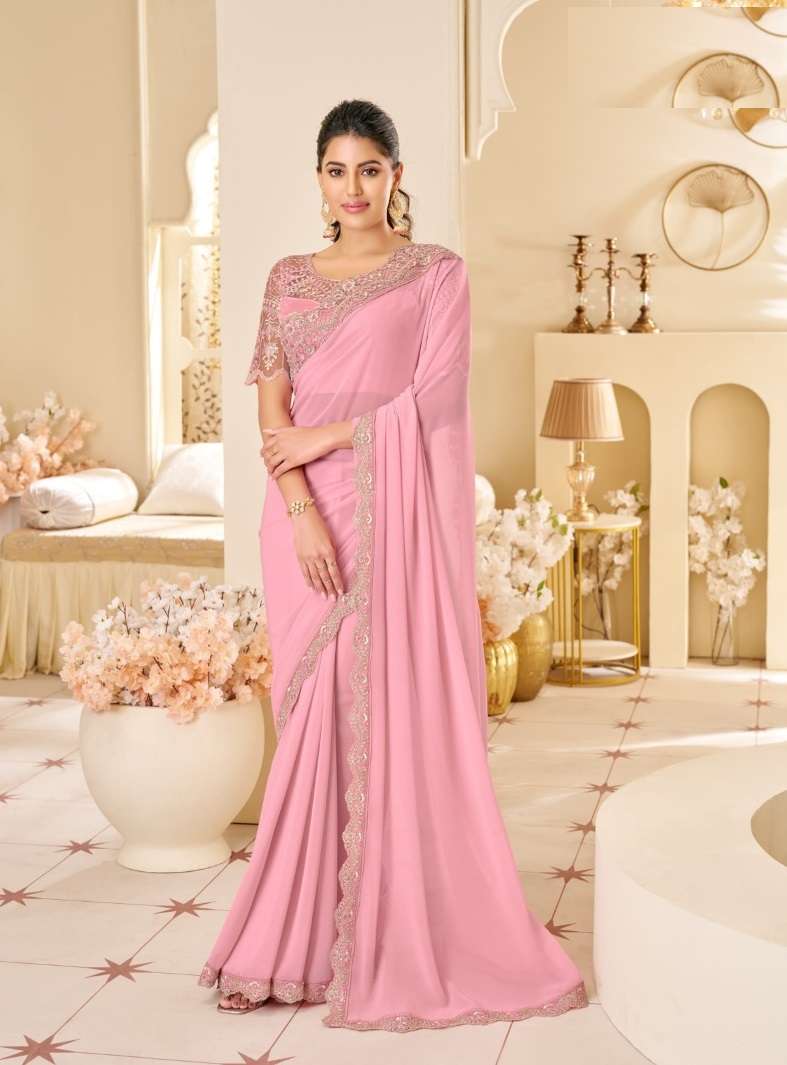 DESIGNER FANCY WEDDING PARTY WEAR INDIAN PINK GEORGETTE SAREE COLLECTION SM ANMOL 14014