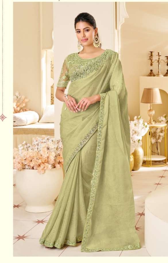 DESIGNER FANCY WEDDING PARTY WEAR INDIAN PISTA GREEN GEORGETTE SAREE COLLECTION SM ANMOL 14006