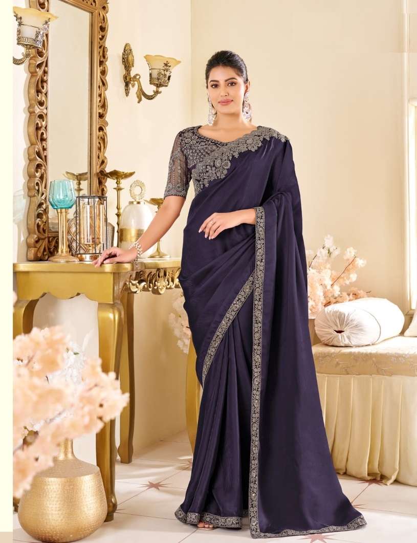 DESIGNER FANCY WEDDING PARTY WEAR INDIAN PURPLE GEORGETTE SAREE COLLECTION SM ANMOL 14001