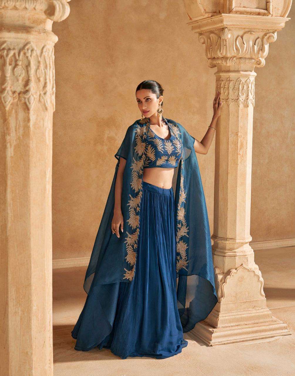 DESIGNER FANCY WEDDING PARTY WEAR INDIAN REAL CHINON BLUE LEHENGA CHOLI SY KALKI 5726