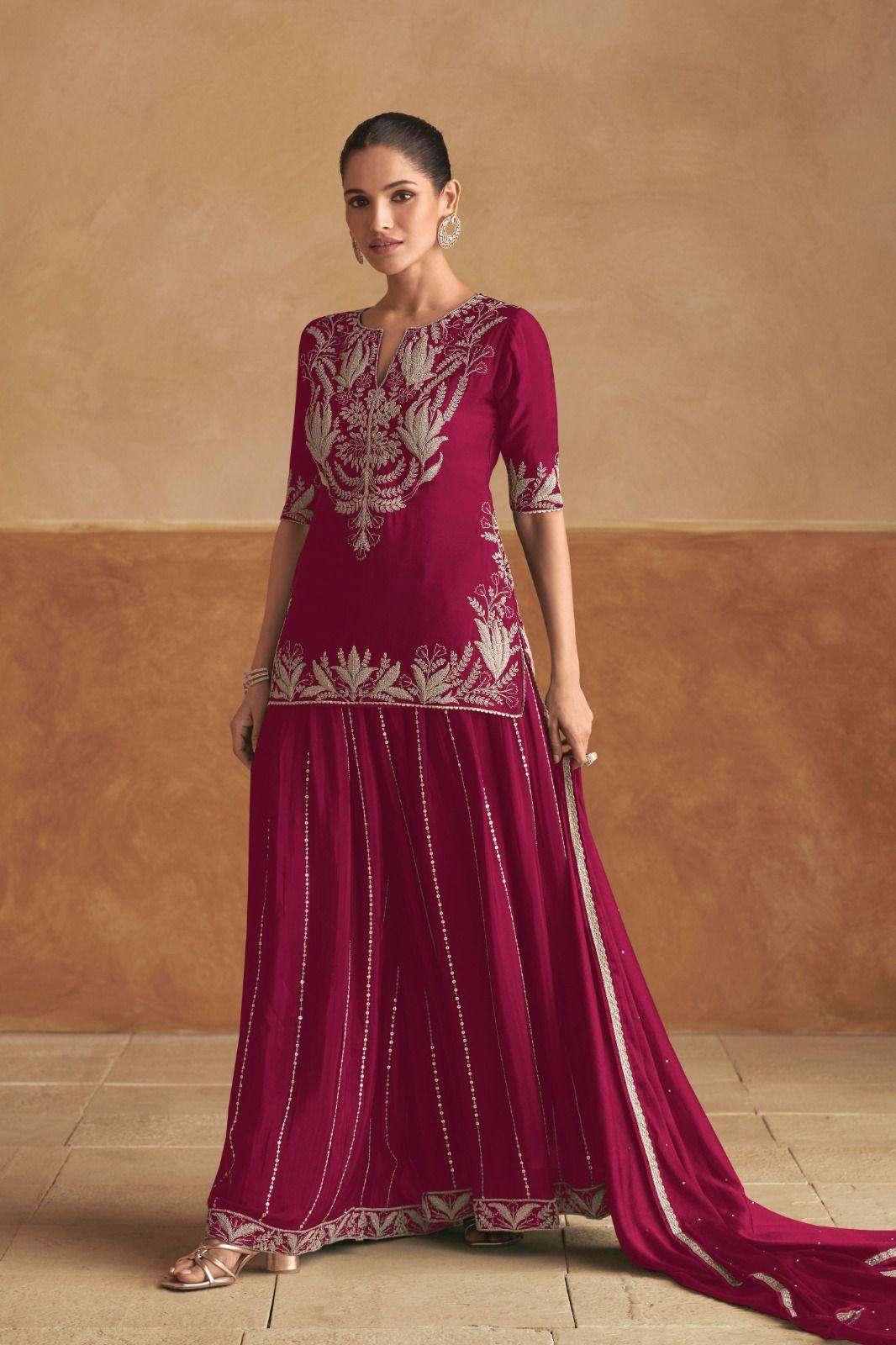 DESIGNER FANCY WEDDING PARTY WEAR INDIAN REAL CHINON RED SHARARA PLAZZO SALWAR SUIT GL HANIYA 7505 E