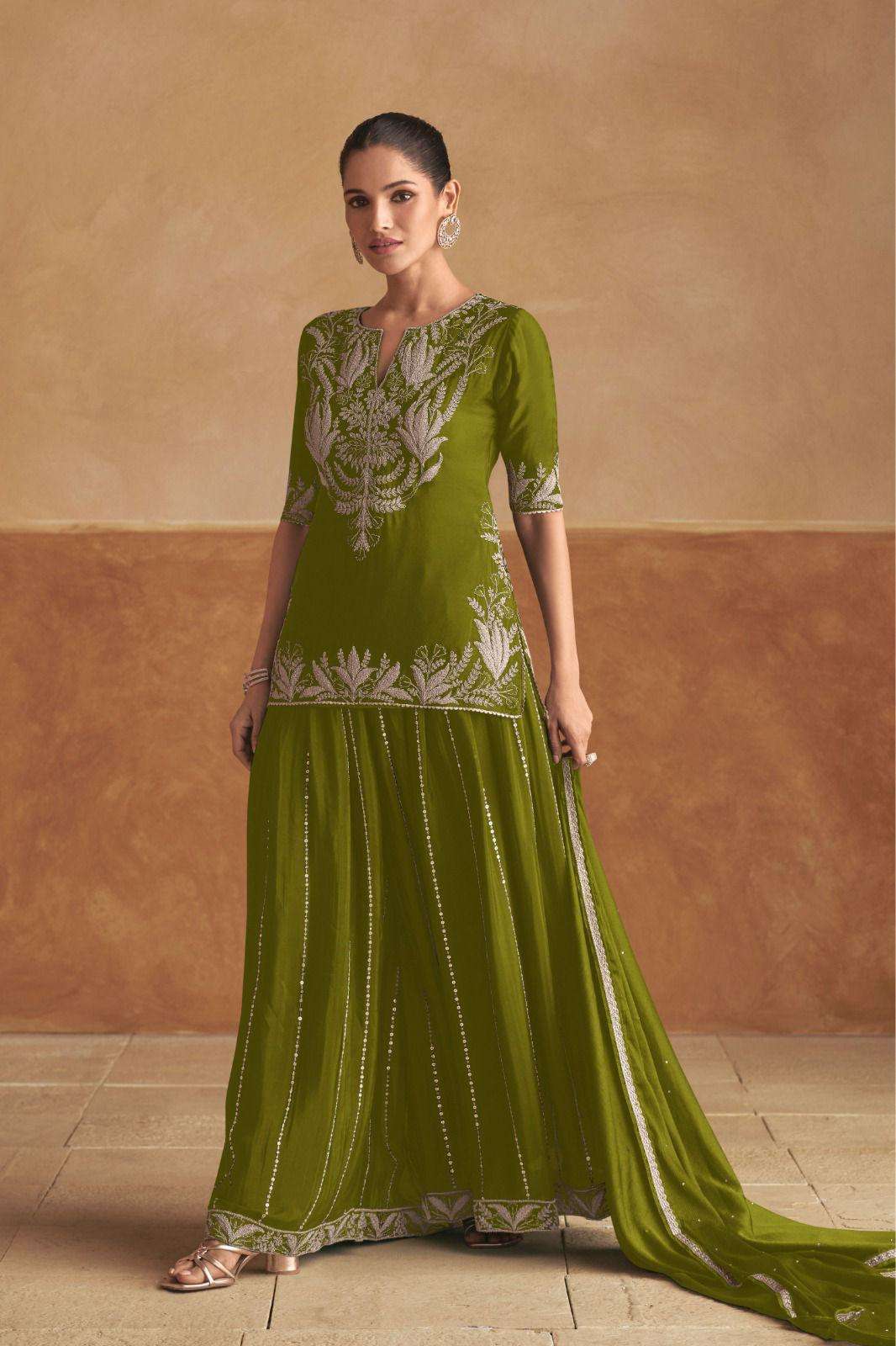 DESIGNER FANCY WEDDING PARTY WEAR INDIAN REAL CHINON MEHANDI GREEN SHARARA PLAZZO SALWAR SUIT GL HANIYA 7505 F