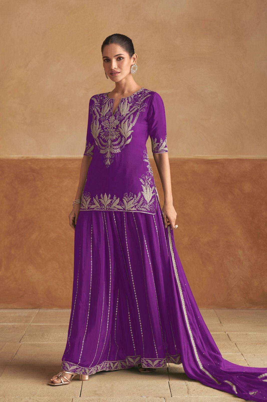 DESIGNER FANCY WEDDING PARTY WEAR INDIAN REAL CHINON PURPLE SHARARA PLAZZO SALWAR SUIT GL HANIYA 7505 G