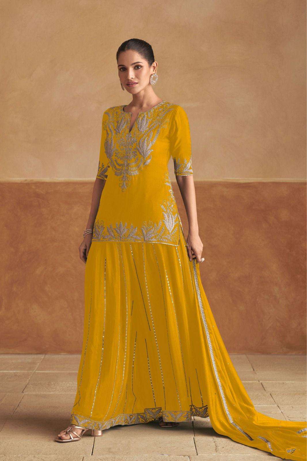 DESIGNER FANCY WEDDING PARTY WEAR INDIAN REAL CHINON YELLOW SHARARA PLAZZO SALWAR SUIT GL HANIYA 7505 H