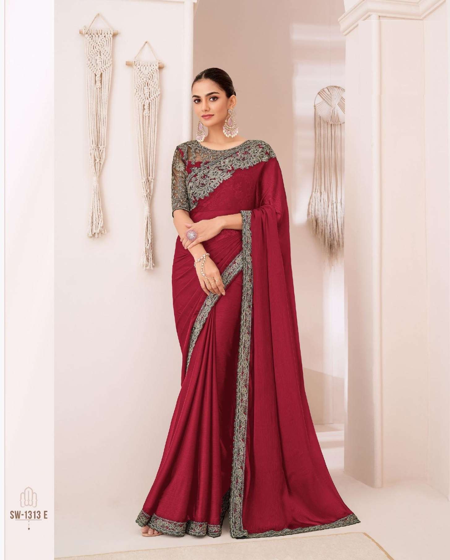 DESIGNER FANCY WEDDING PARTY WEAR INDIAN RED GEORGETTE SAREE COLLECTION SM TFH 1313 E