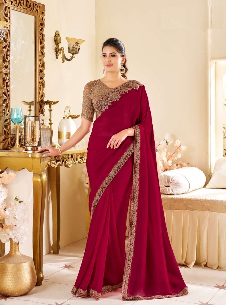 DESIGNER FANCY WEDDING PARTY WEAR INDIAN RED GEORGETTE SAREE COLLECTION SM ANMOL 14002