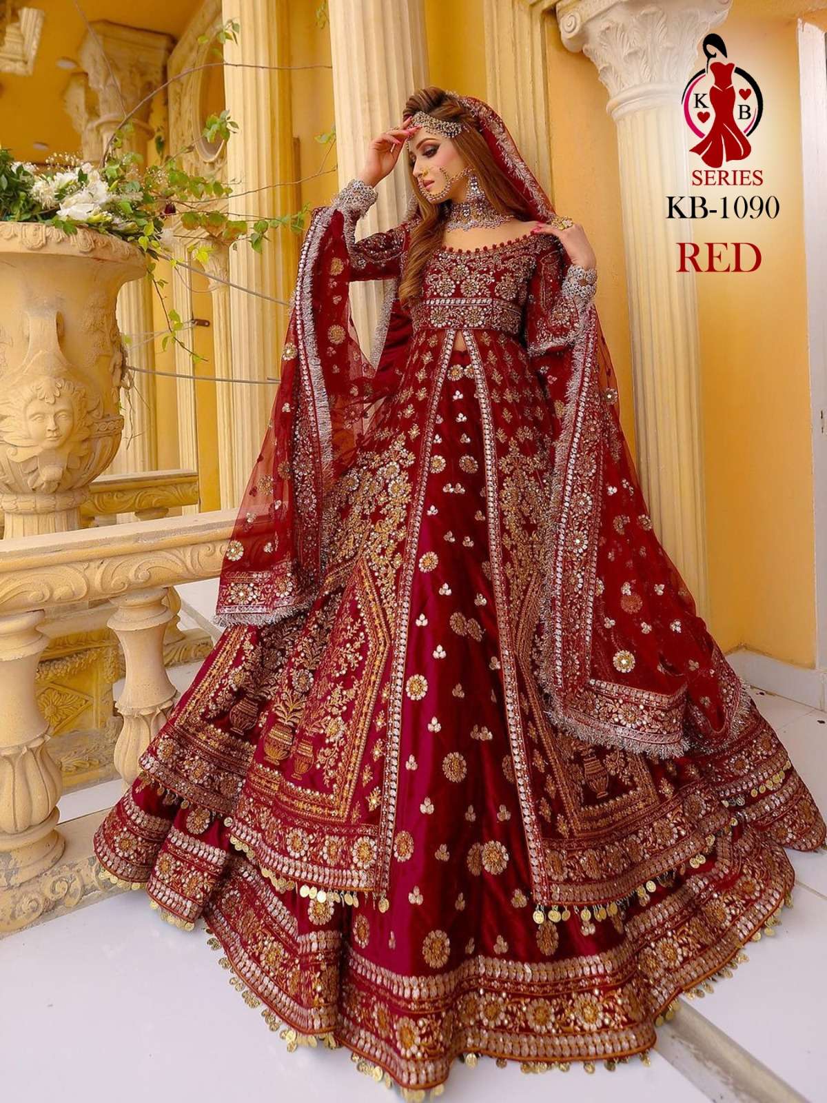 DESIGNER FANCY WEDDING PARTY WEAR INDIAN RED VELVET BRIDAL LEHENGA LONG CHOLI TOP WITH DUPATTA SENHORA KB 1090