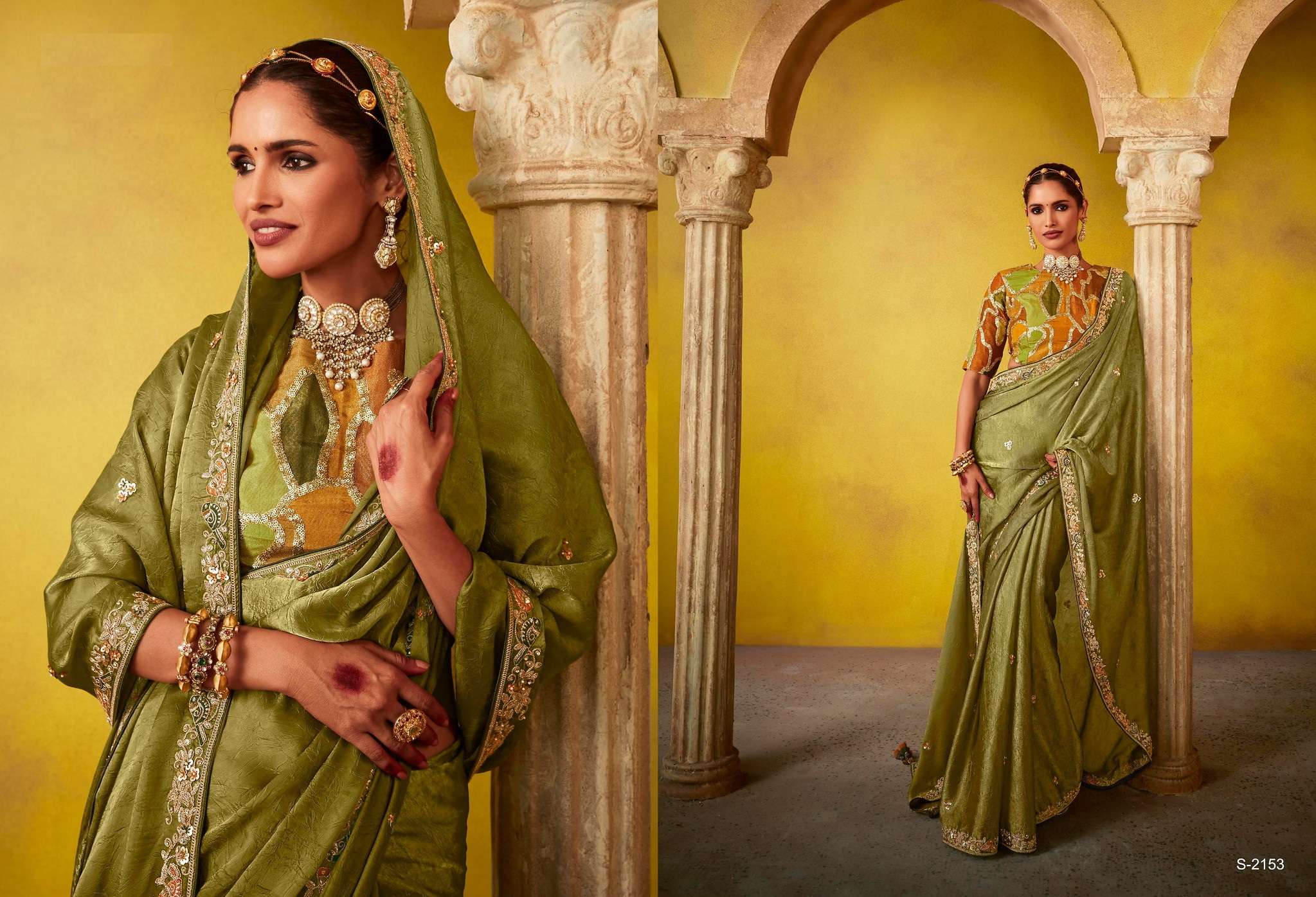 DESIGNER FANCY WEDDING PARTY WEAR INDIAN TISSUE SILK GREEN SAREE COLLECTION SM KM DIVANI 2153