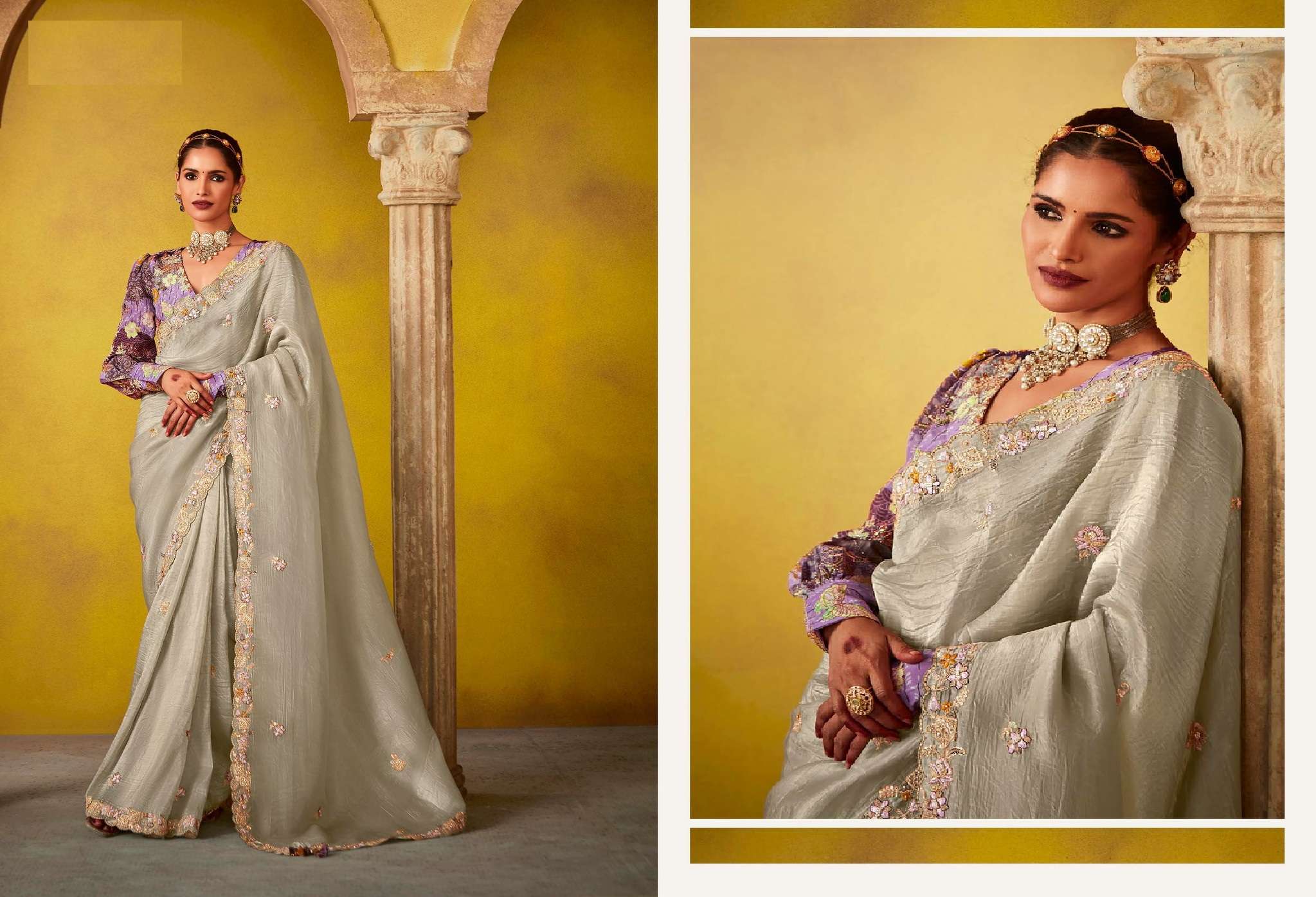 DESIGNER FANCY WEDDING PARTY WEAR INDIAN TISSUE SILK GREY SAREE COLLECTION SM KM DIVANI 2155