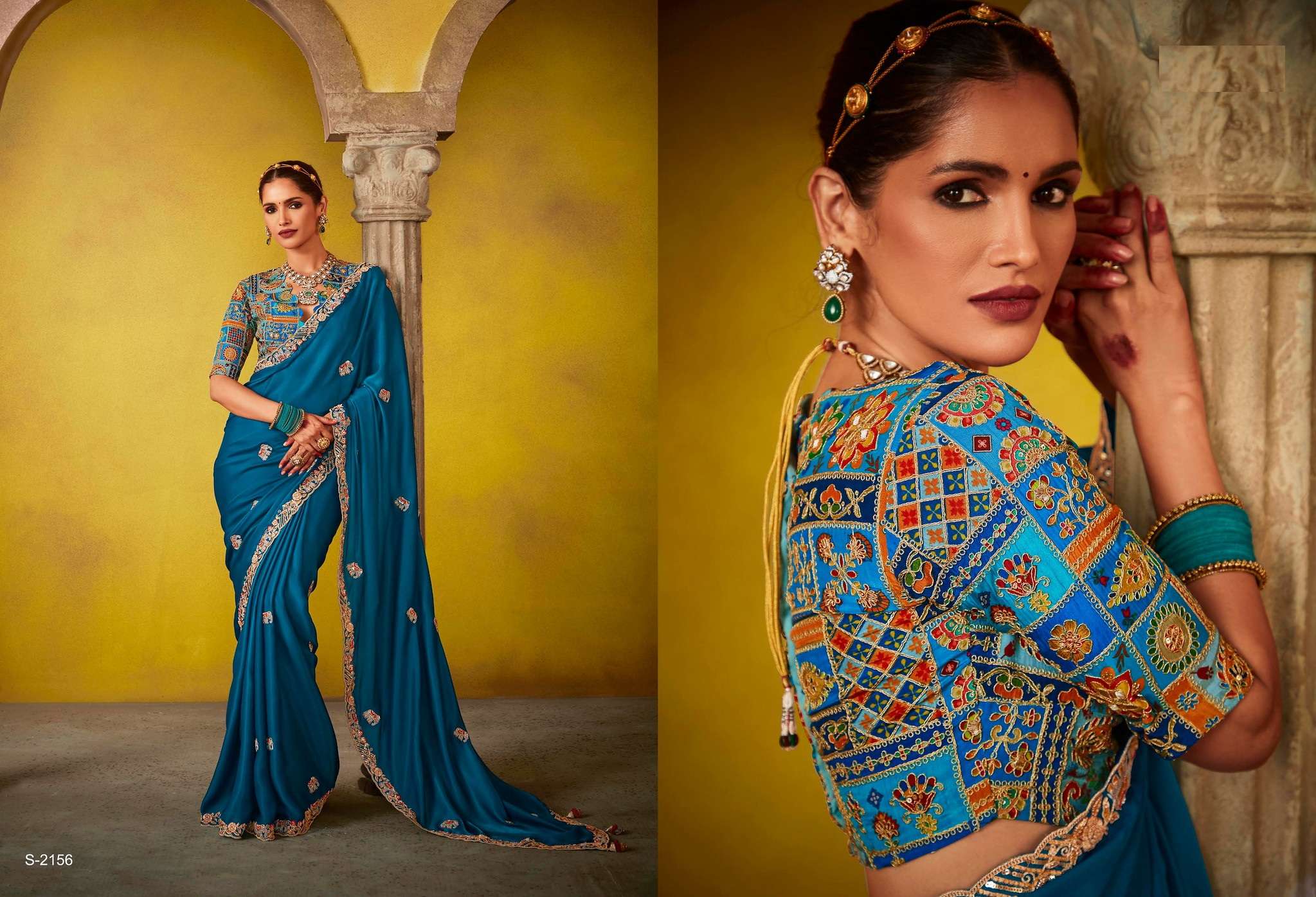 DESIGNER FANCY WEDDING PARTY WEAR INDIAN TISSUE SILK BLUE SAREE COLLECTION SM KM DIVANI 2156