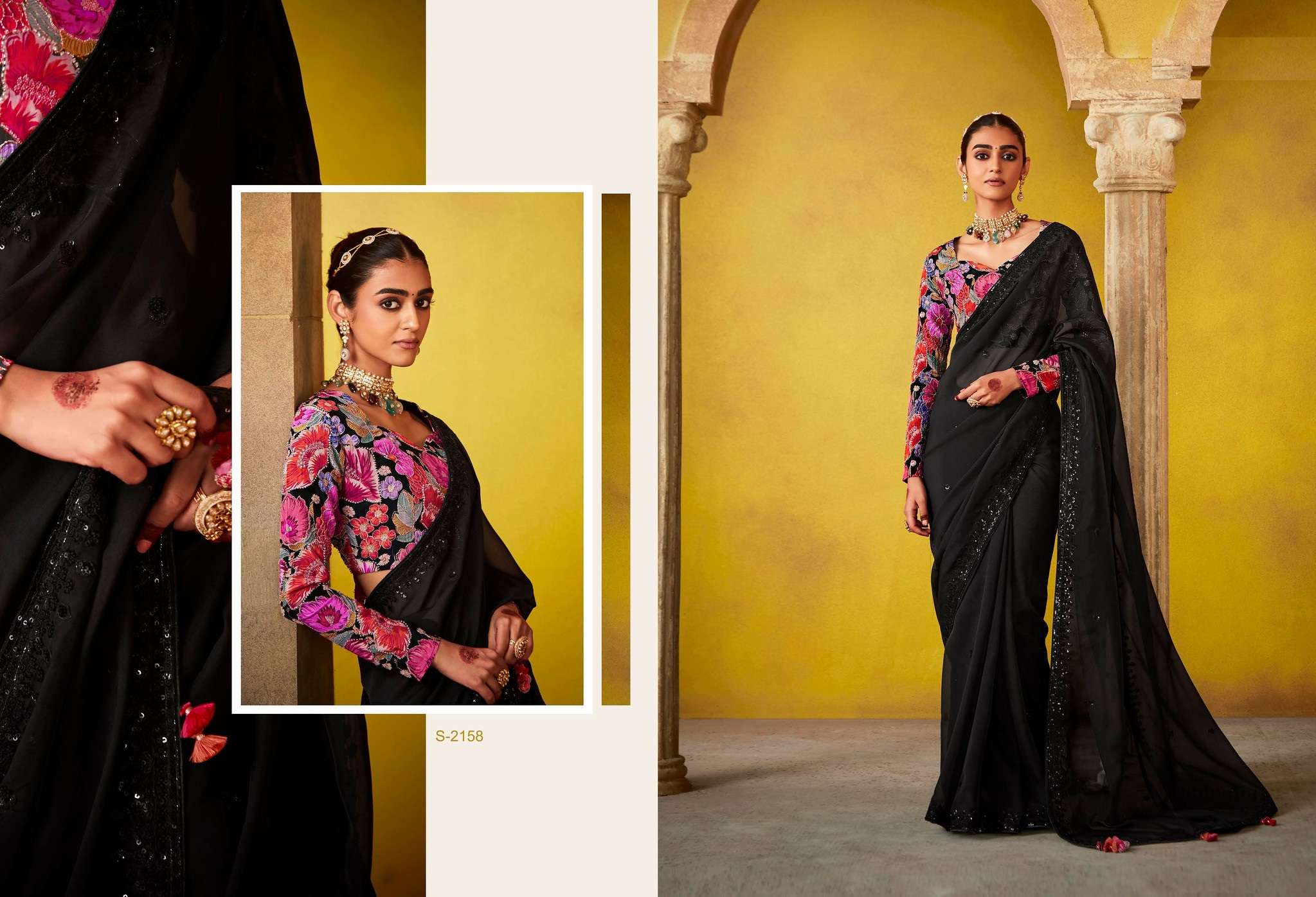 DESIGNER FANCY WEDDING PARTY WEAR INDIAN TISSUE SILK BLACK SAREE COLLECTION SM KM DIVANI 2158