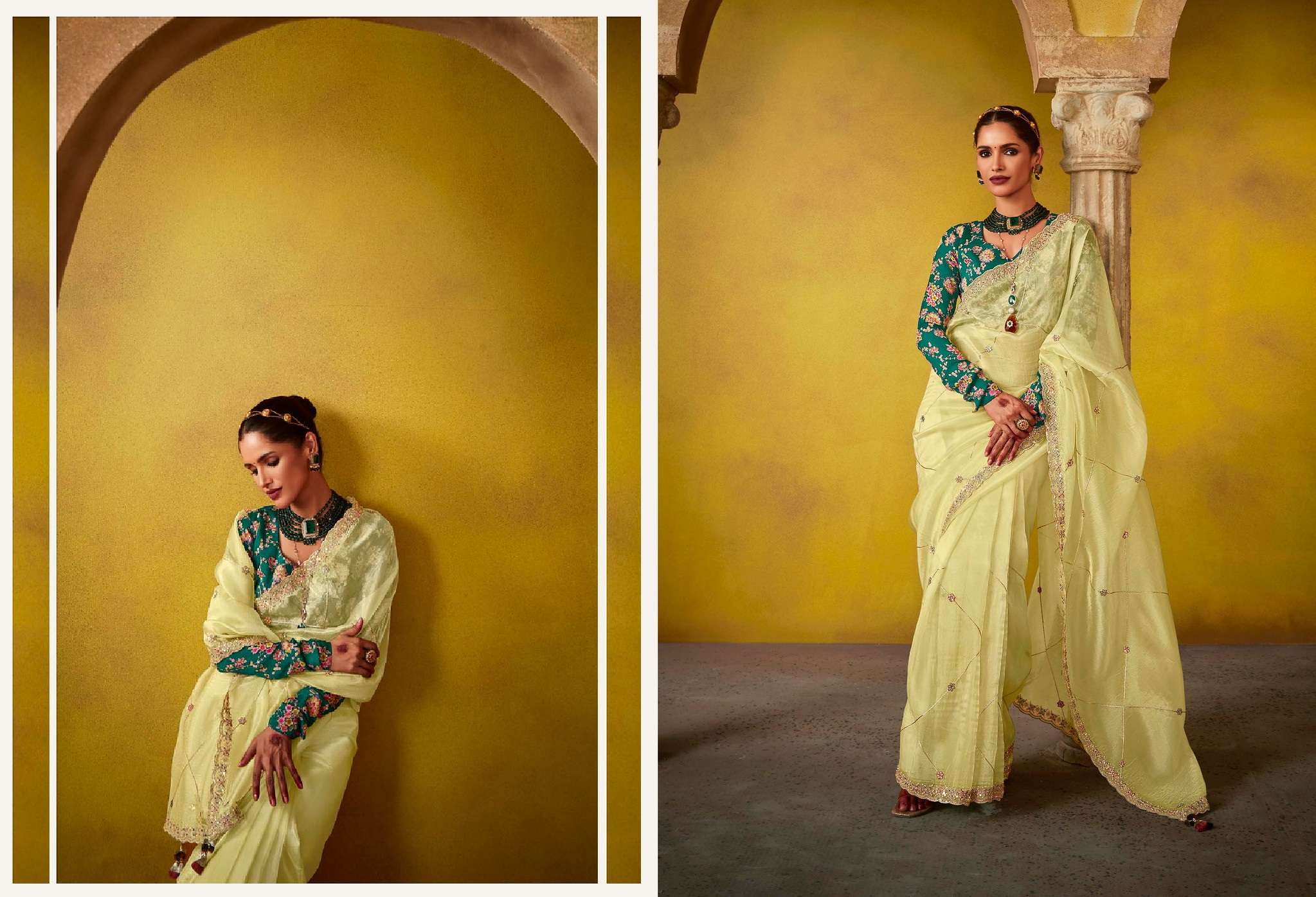 DESIGNER FANCY WEDDING PARTY WEAR INDIAN TISSUE SILK LEMON YELLOW SAREE COLLECTION SM KM DIVANI 215