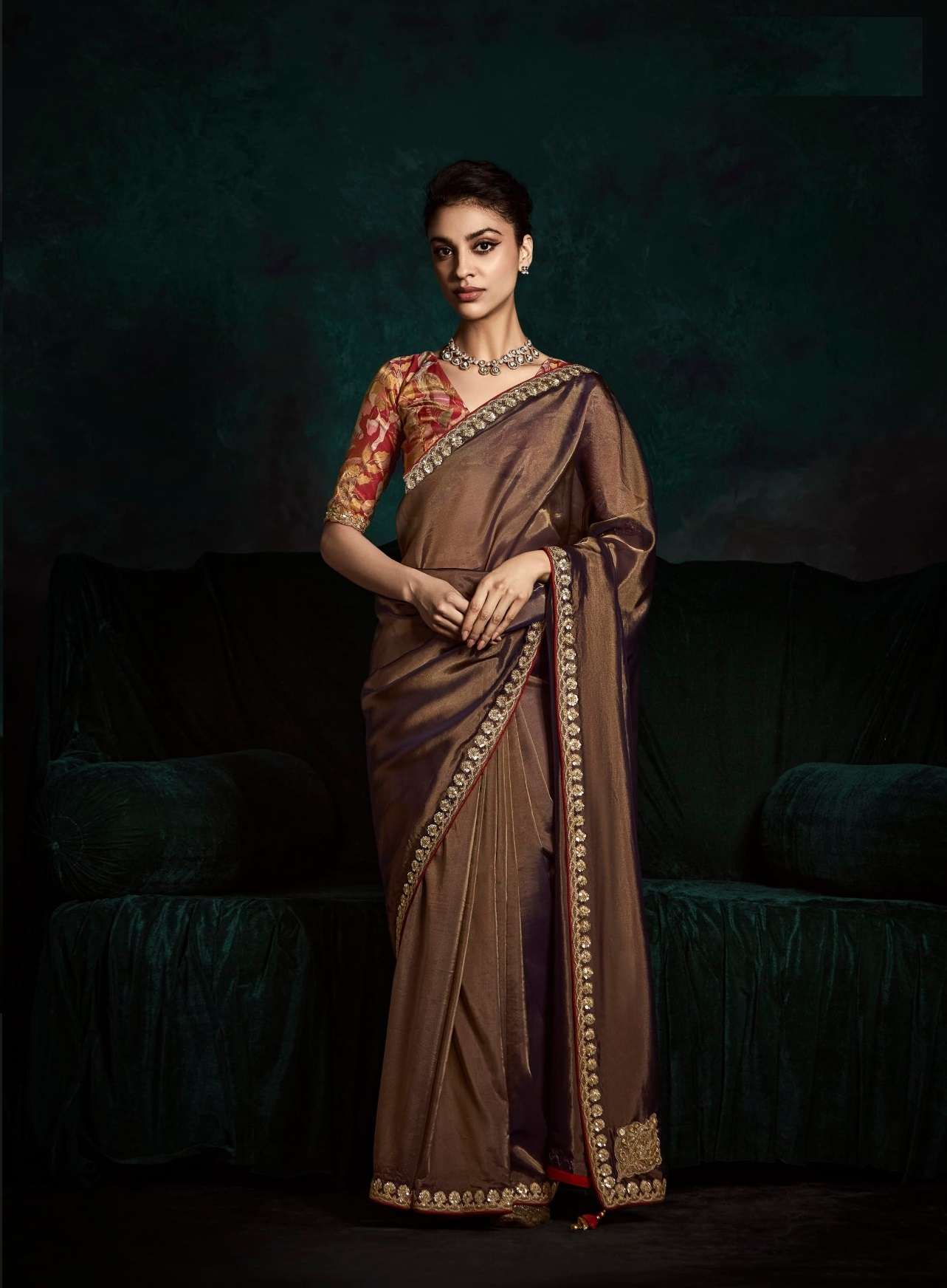 DESIGNER FANCY WEDDING PARTY WEAR INDIAN TISSUE SILK FANCY BROWN SAREE COLLECTION SM KM RANGHAT 2178