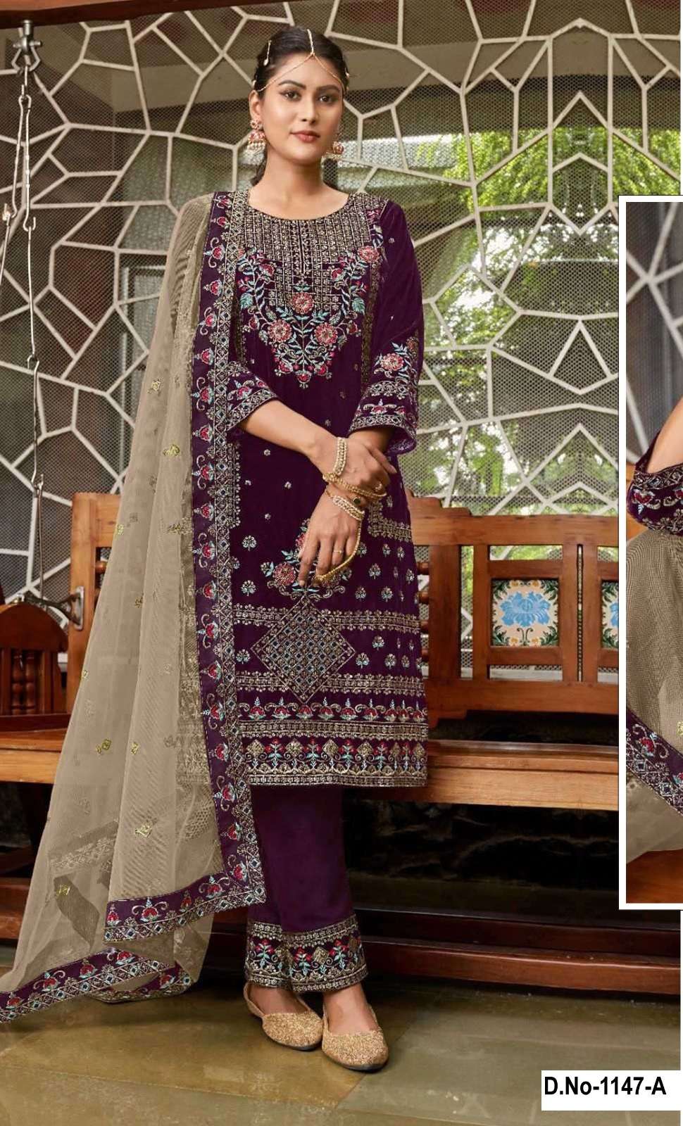 DESIGNER FANCY WEDDING PARTY WEAR INDIAN VELVET WINE SHARARA PALAZZO SALWAR SUIT SRH 1147 A