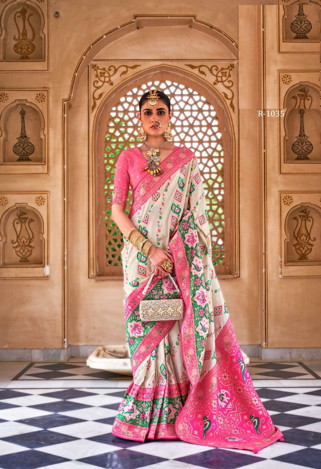 DESIGNER FANCY WEDDING PARTY WEAR INDIAN WHIT PINK SILK SAREE COLLECTION SM RW GANGOTARI 1035