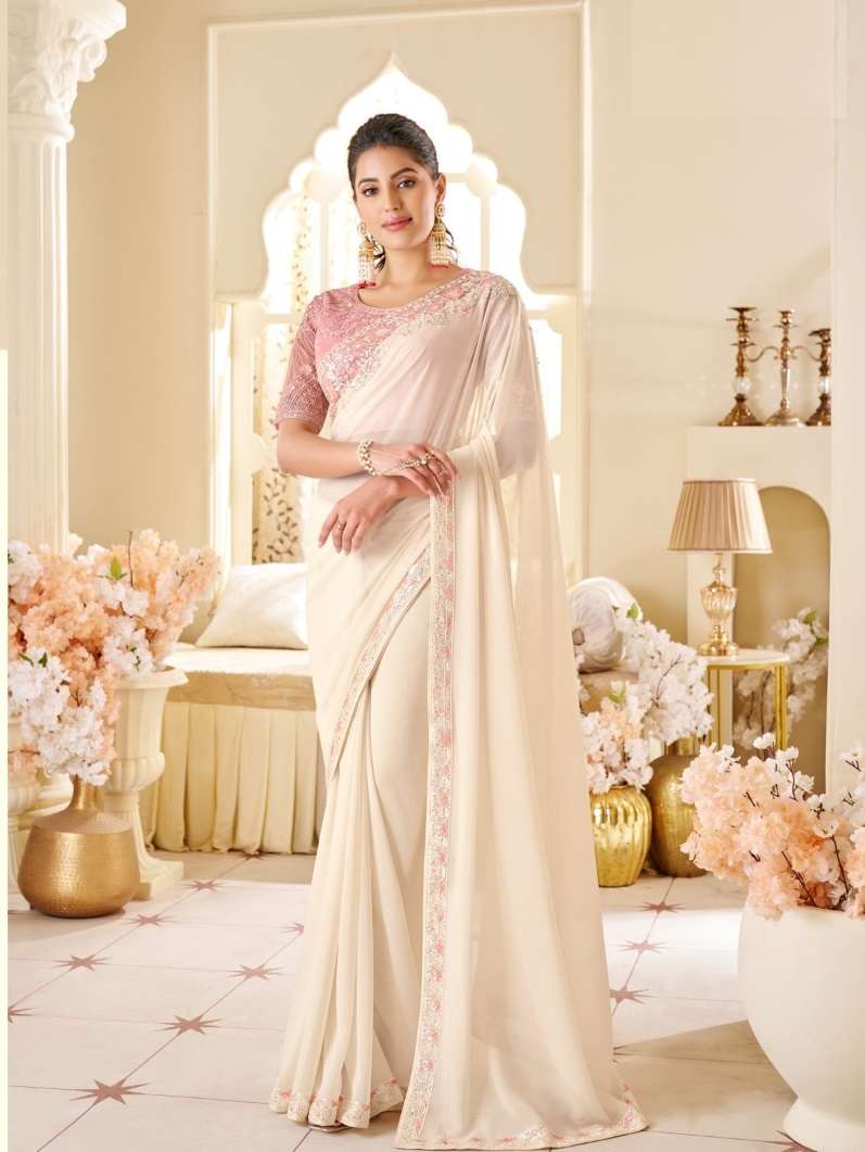 DESIGNER FANCY WEDDING PARTY WEAR INDIAN WHITE GEORGETTE SAREE COLLECTION SM ANMOL 14009