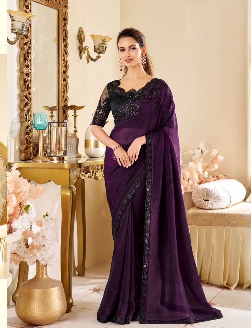 DESIGNER FANCY WEDDING PARTY WEAR INDIAN WINE GEORGETTE SAREE COLLECTION SM ANMOL 14004