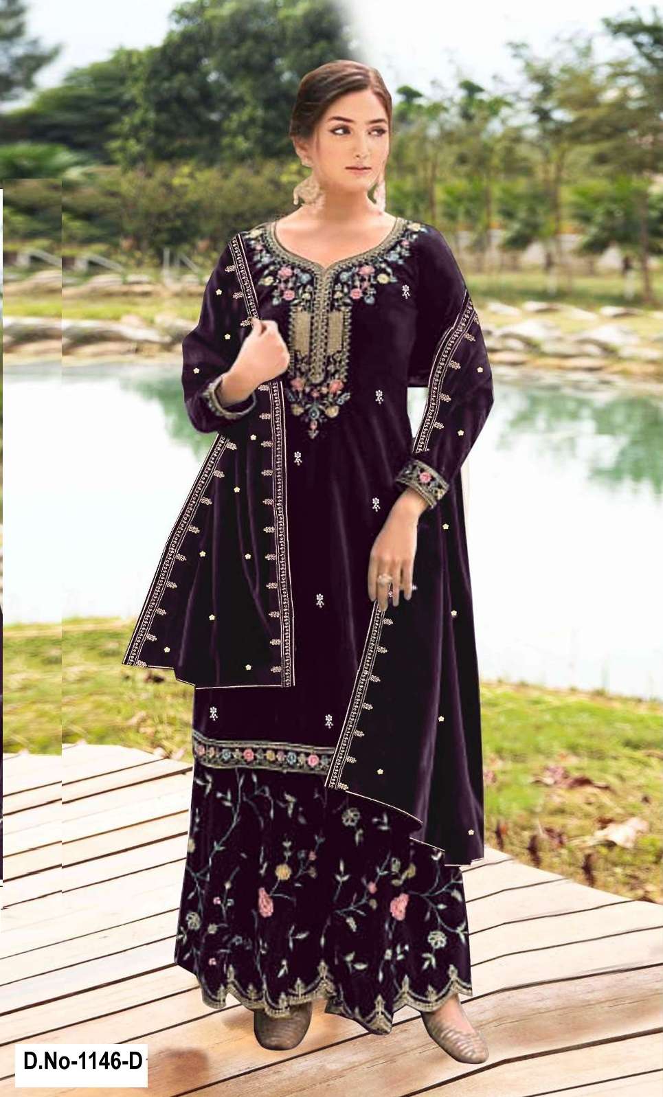 DESIGNER FANCY WEDDING PARTY WEAR INDIAN WINE VELVET SHARARA PALAZZO SALWAR SUIT SRH 1146 D