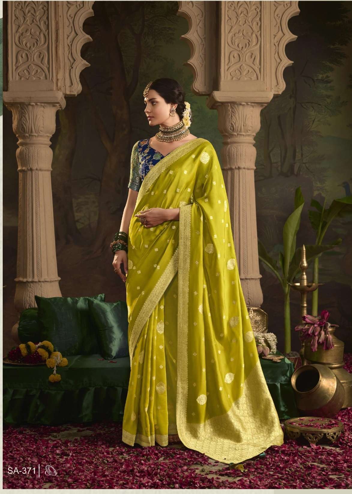 DESIGNER FANCY WEDDING PARTY WEAR INDIAN YELLOW GREEN SILK SAREE COLLECTION SM KM RAAS 371