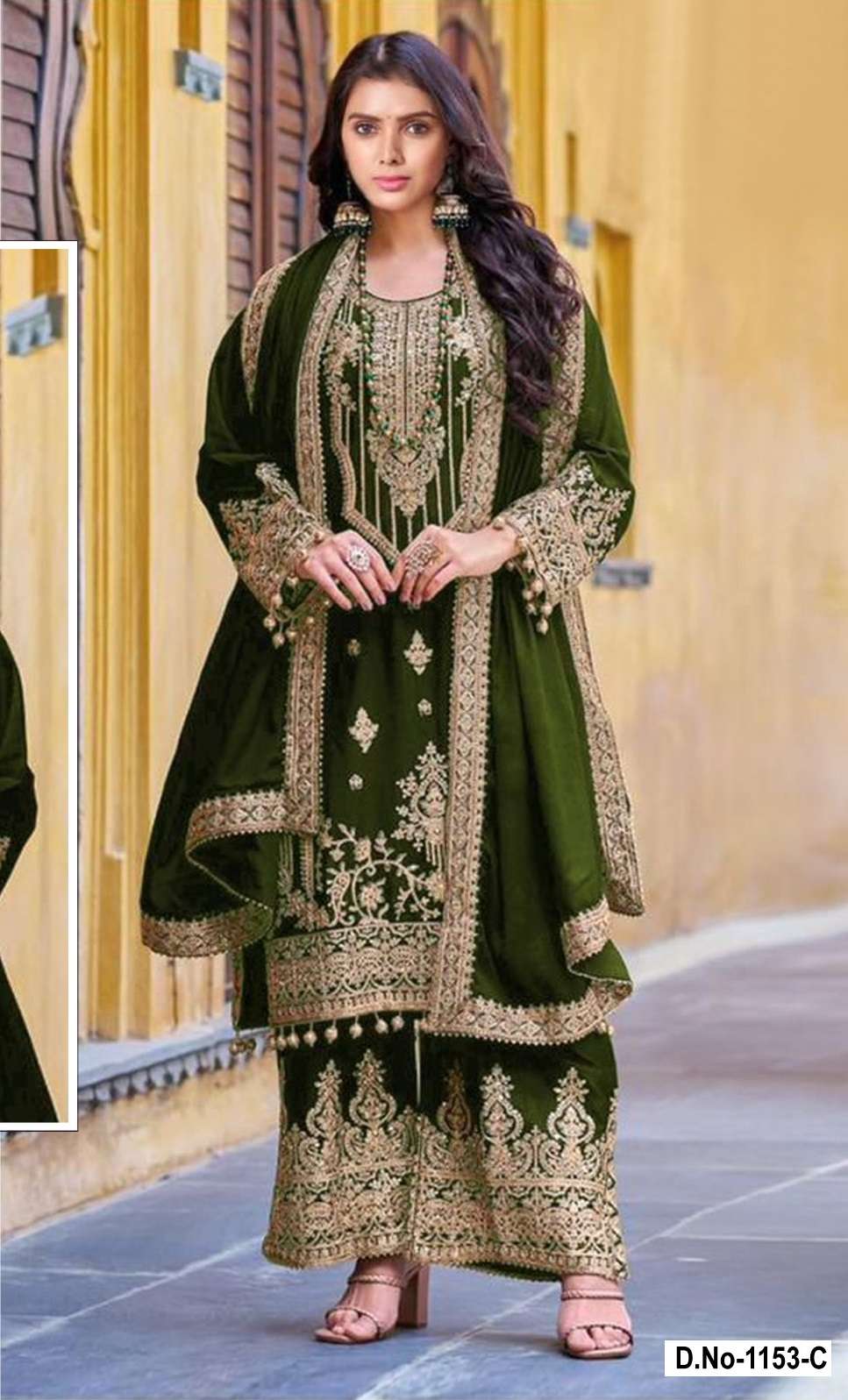 DESIGNER FANCY WEDDING PARTY WEAR PAKISTANI PREMIUM VISCOSE GREEN VELVET SALWAR SUIT SHF 1153 C