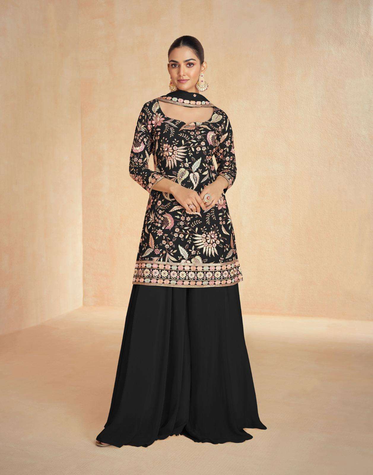 DESIGNER FANCY WEDDING PARTY WEAR PREMIUM BLACK CHINON SILK SALWAR SUIT AF RESHAM 10179