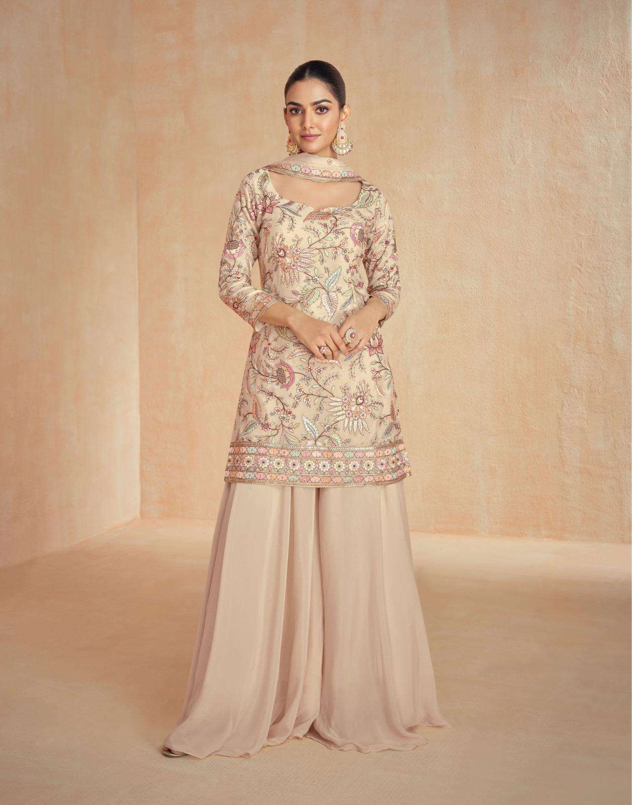 DESIGNER FANCY WEDDING PARTY WEAR PREMIUM CHIKU CHINON SILK SALWAR SUIT AF RESHAM 10178