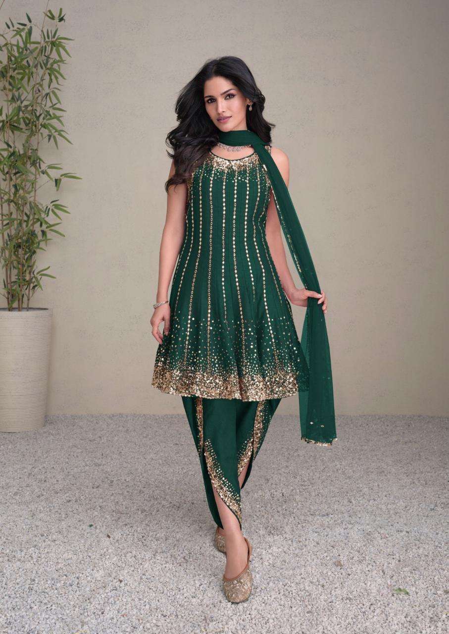 DESIGNER FANCY WEDDING PARTY WEAR PREMIUM GREEN SILK SALWAR SUIT SY JASHN 5459 C