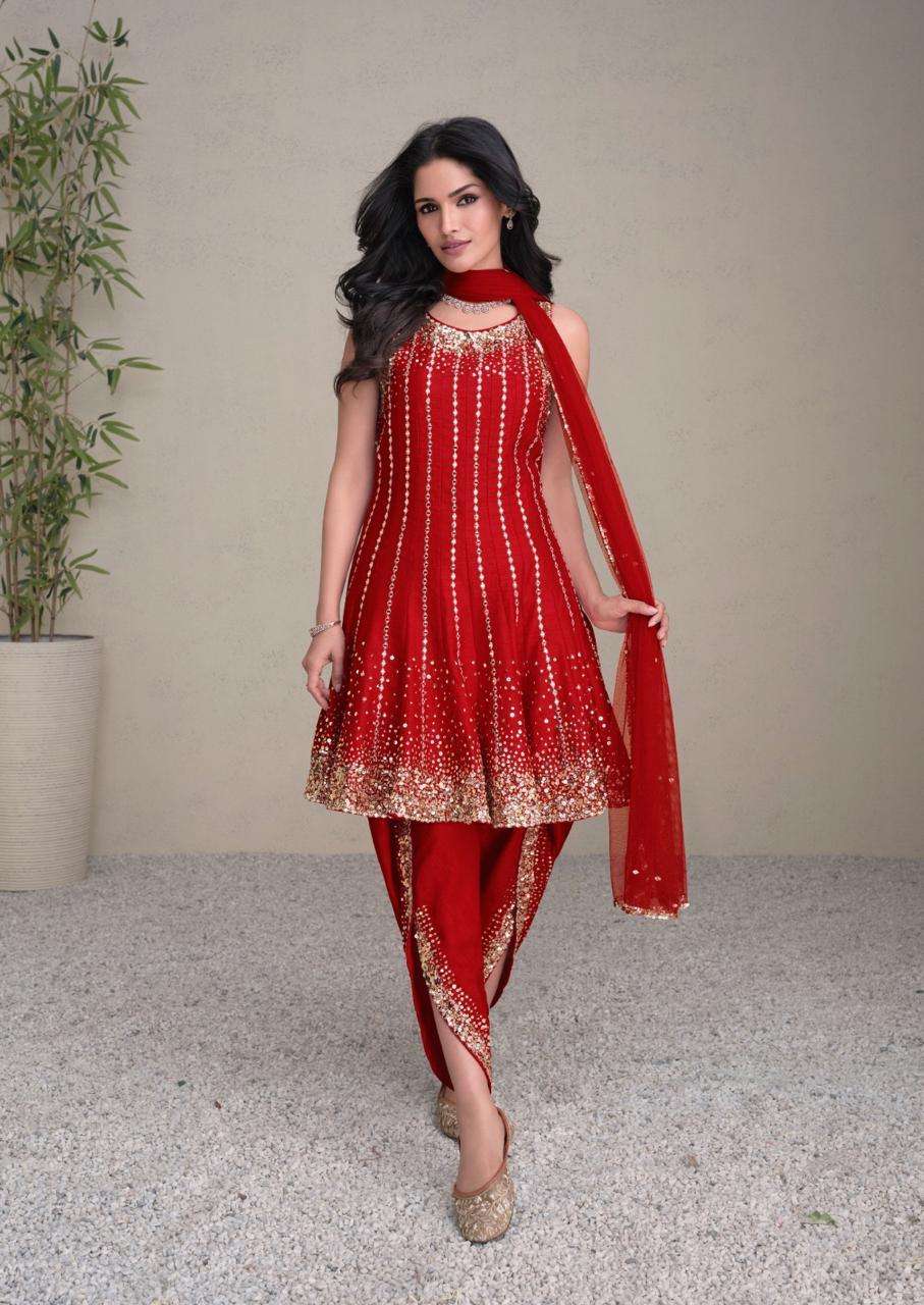 DESIGNER FANCY WEDDING PARTY WEAR PREMIUM RED SILK SALWAR SUIT SY JASHN 5459 AA