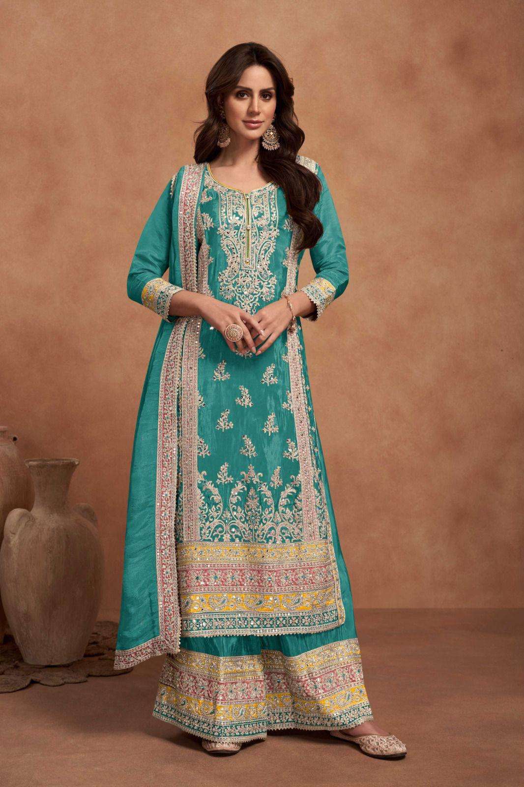 DESIGNER FANCY WEDDING PARTY WEAR PREMIUM SILK READYMADE SEA BLUE PALLAZO SHARARA SALWAR GL 7453 G