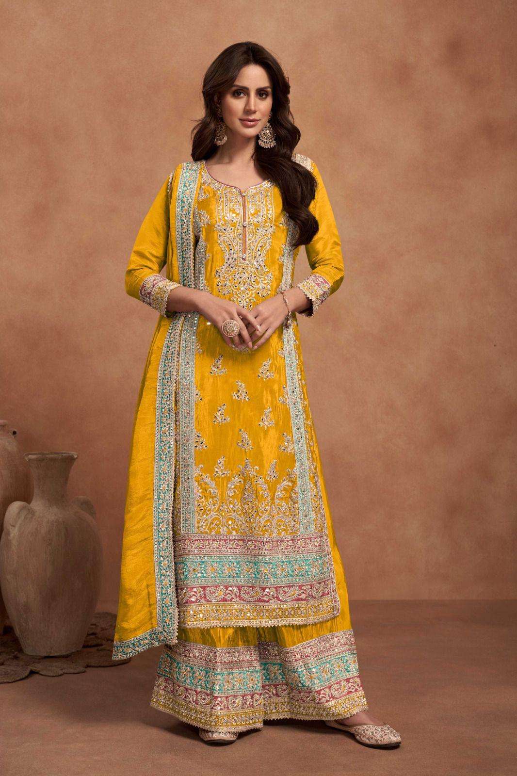 DESIGNER FANCY WEDDING PARTY WEAR PREMIUM SILK READYMADE YELLOW PALLAZO SHARARA SALWAR GL 7453 H