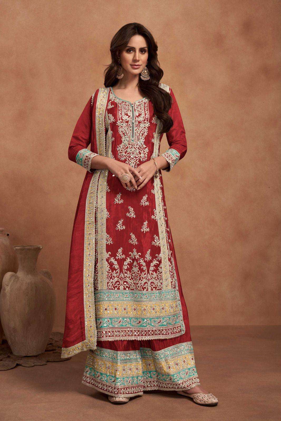 DESIGNER FANCY WEDDING PARTY WEAR PREMIUM SILK READYMADE RED PALLAZO SHARARA SALWAR GL 7453 I