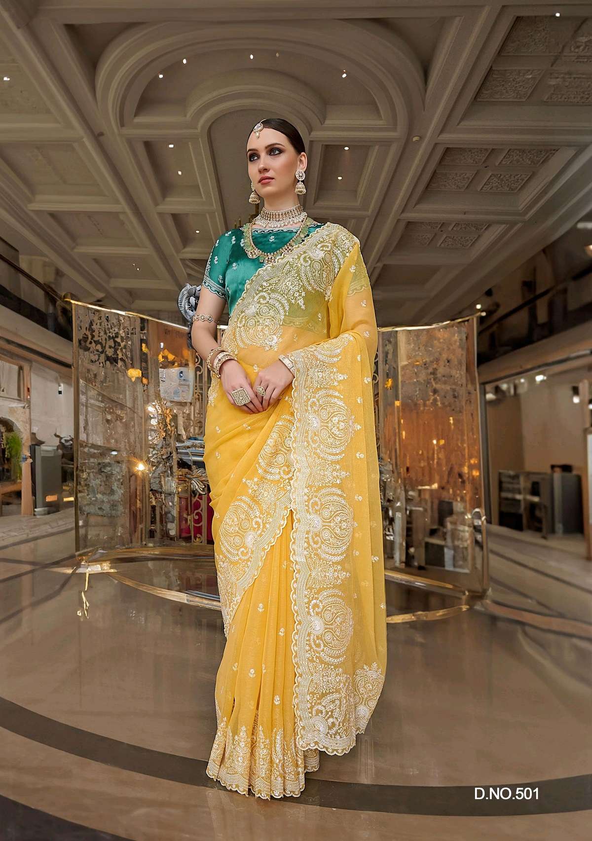 DESIGNER FANCY WEDDING PARTY WEAR TISSUE SILK HEAVY YELLOW SAREE DESIGNER COLLECTION SM KALAJAMUN 501