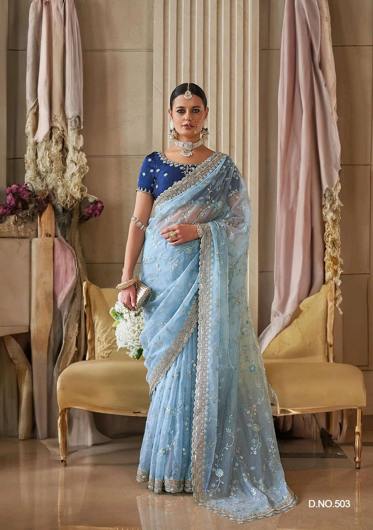 DESIGNER FANCY WEDDING PARTY WEAR TISSUE SILK HEAVY SKY BLUE SAREE DESIGNER COLLECTION SM KALAJAMUN 503