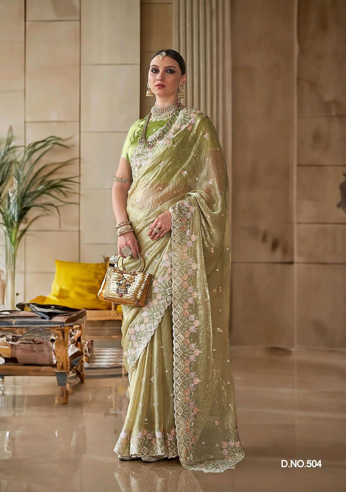 DESIGNER FANCY WEDDING PARTY WEAR TISSUE SILK HEAVY GREEN SAREE DESIGNER COLLECTION SM KALAJAMUN 504