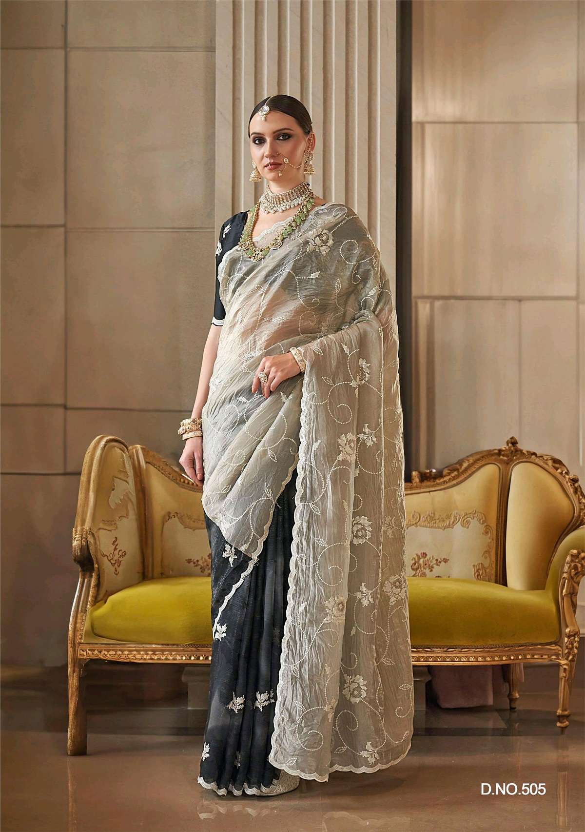 DESIGNER FANCY WEDDING PARTY WEAR TISSUE SILK HEAVY CHIKU BLACK SAREE DESIGNER COLLECTION SM KALAJAMUN 505