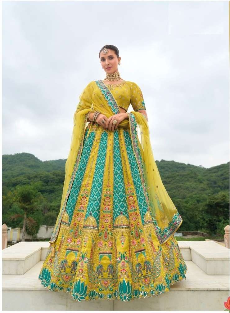 DESIGNER FANCY WEDDING WEAR INDIAN HEAVY GREEN YELLOW SILK BRIDAL LEHENGA CHOLI WITH HAND WORK SM AANARA 7408