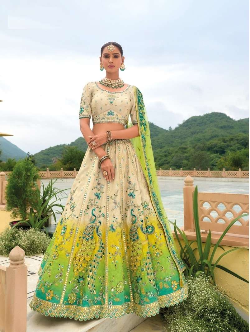 DESIGNER FANCY WEDDING WEAR INDIAN HEAVY SILK BEIGE GREEN BRIDAL LEHENGA CHOLI WITH HAND WORK SM AANARA 7411