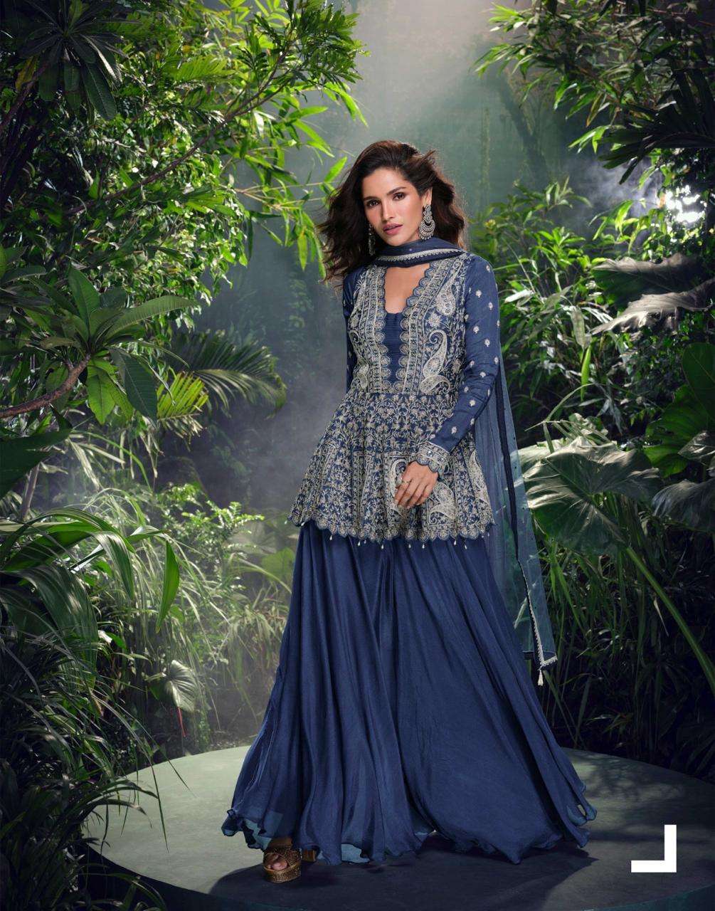 DESIGNER INDIAN WEDDING PARTY WEAR CHINON BLUE SHARARA PALAZZO SALWAR SUIT SY SHIVANI 5700