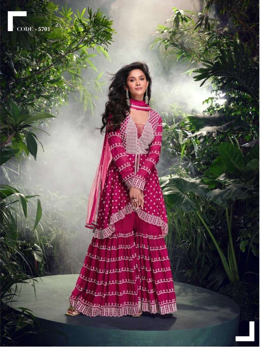 DESIGNER INDIAN WEDDING PARTY WEAR CHINON RANI PINK SHARARA PALAZZO SALWAR SUIT SY SHIVANI 5701