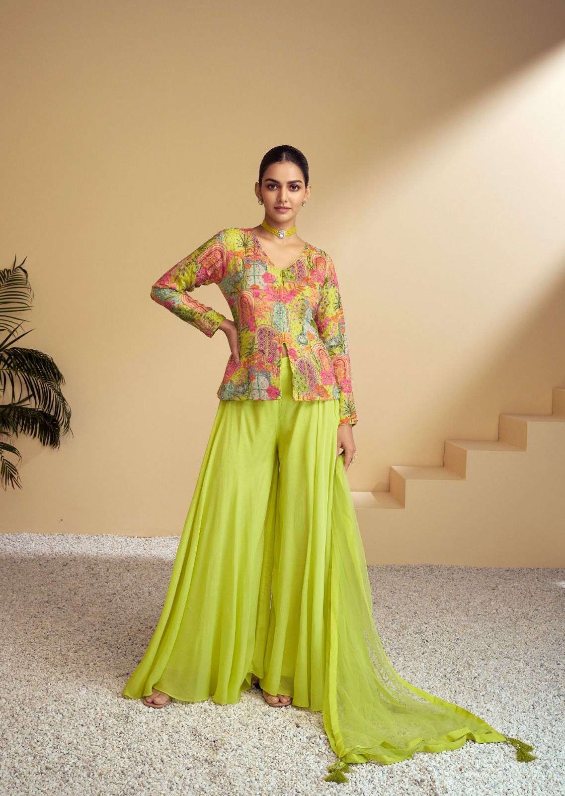 DESIGNER INDIAN WEDDING PARTY WEAR CHINON SILK GREEN PRINTED WITH HAND WORK SHARARA PALAZZO SALWAR SUIT GL ZULFA 2575