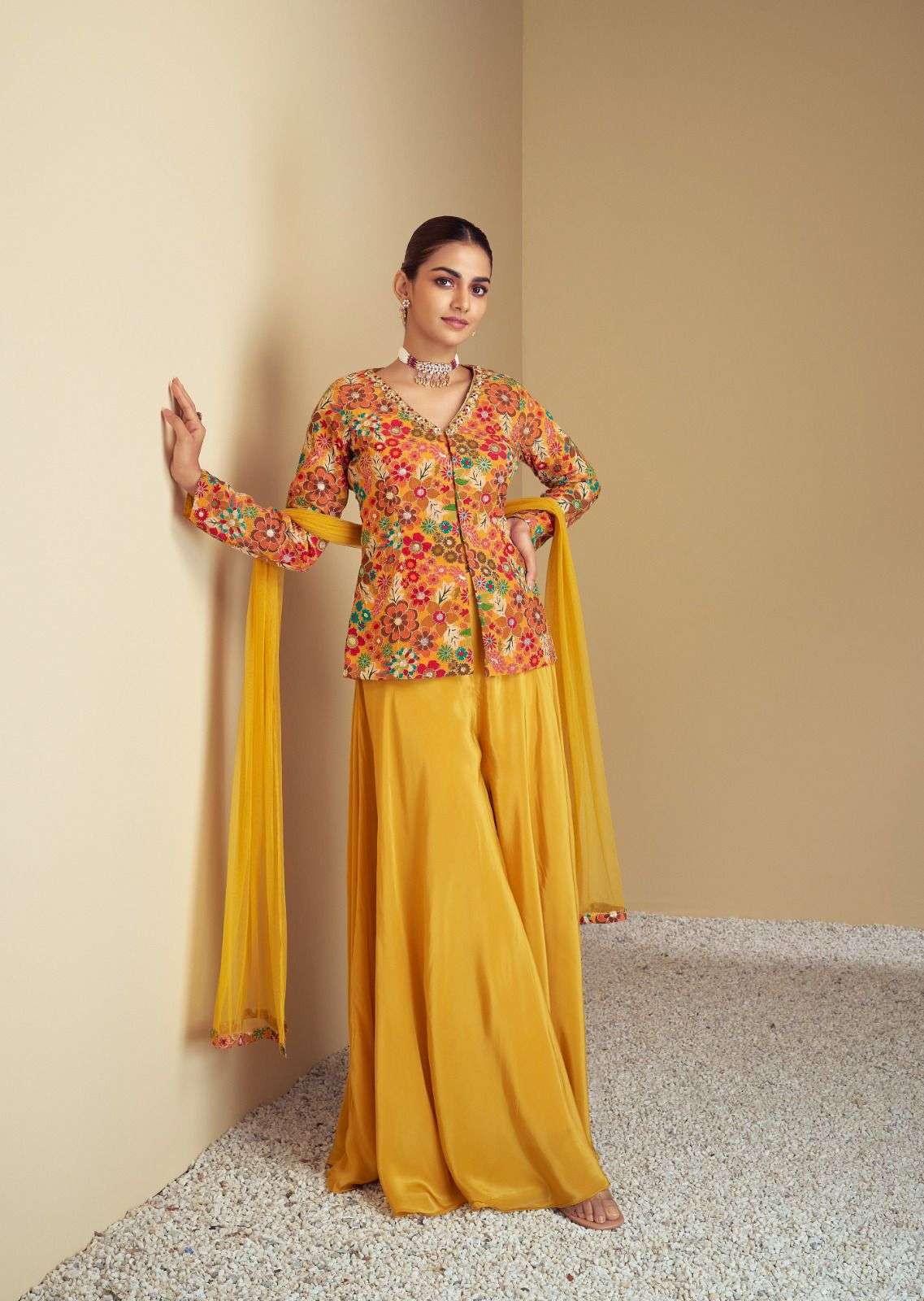 DESIGNER INDIAN WEDDING PARTY WEAR CHINON SILK YELLOW PRINTED WITH HAND WORK SHARARA PALAZZO SALWAR SUIT GL ZULFA 2576