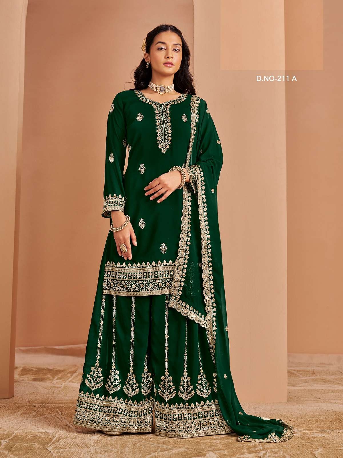 DESIGNER INDIAN WEDDING PARTY WEAR FAUX GEORGETTE GREEN SHARARA PALAZZO SALWAR SUIT ANY 211 A